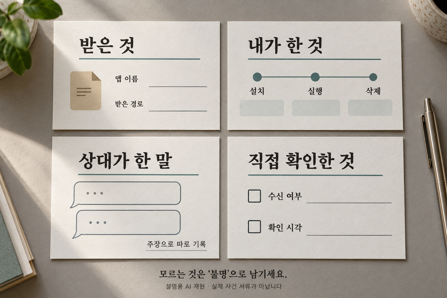파일 단서, 내 행동의 시간순서, 상대의 주장, 직접 확인한 사실을 네 카드로 분리한 AI 재현 기록 정리 예시.