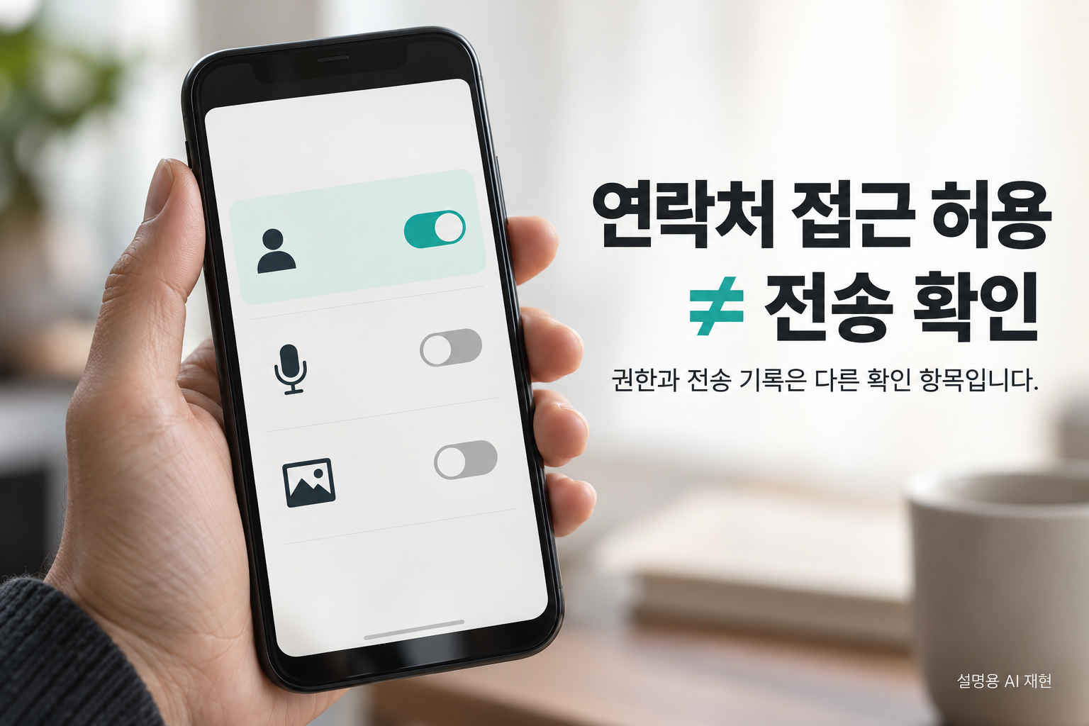 연락처·마이크·사진 권한을 구분한 스마트폰 화면 모형의 AI 재현 이미지. 연락처 접근 가능성과 실제 전송 기록이 다름을 설명한다.